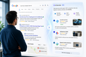 Business owner viewing Google search results and AI-generated recommendations, illustrating the future of SEO and AI search visibility.